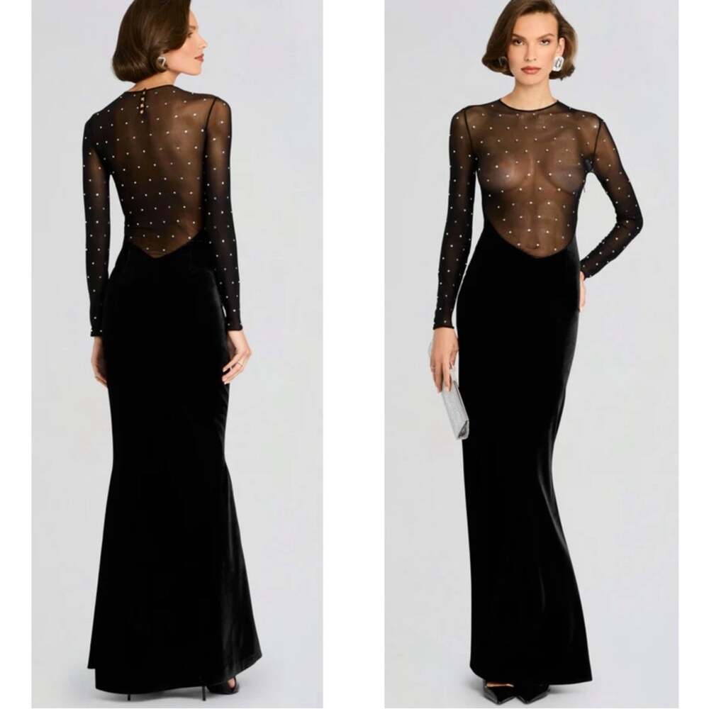 RETROFETE Deryn Crystal Embellished Sheer Long Sleeve Velvet Maxi Dress XS